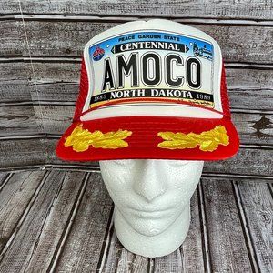 Vintage AMOCO North Dakota Centennial Baseball Hat Cap Red Mesh Trucker Snapback